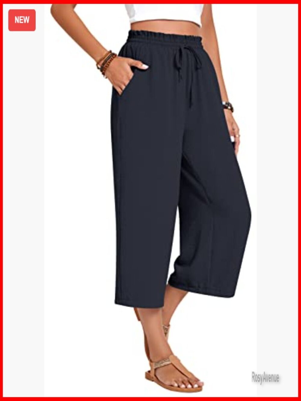 High Waisted Wide Leg Palazzo Capri Pants with Drawstring Pockets Lounge - Picture 3 of 7
